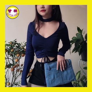 Áo Tay Dài Xanh Dương Khoan Ngực Kèm Choker Và Dây Rút