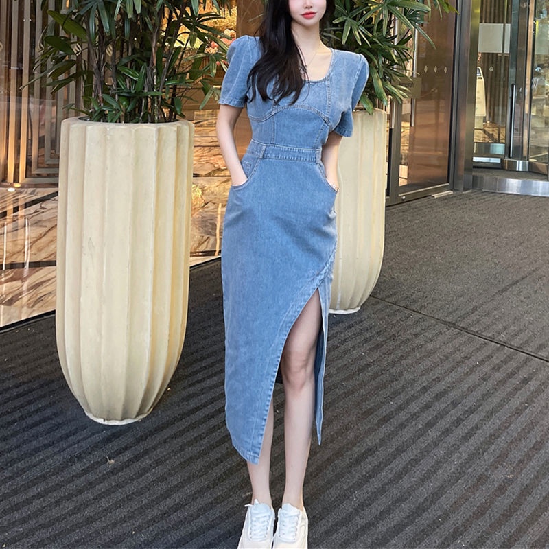 Đầm Denim Tay Phồng Cổ Vuông Phong Cách Retro Thời Trang Mùa Hè Cho Nữ