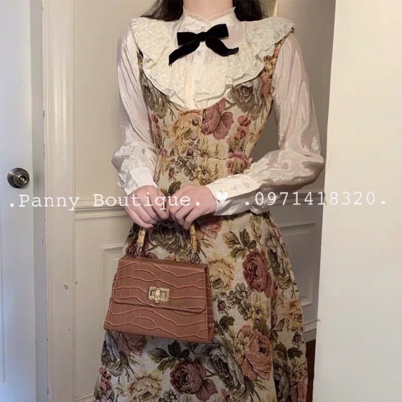 Set đầm yếm hoa kèm áo sơmi+nơ nhung vintage, style ulzzang Hàn Quốc 🌻 Panny Boutique 🌻