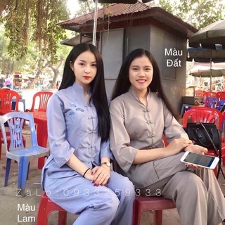 Đồ lam đi chùa # sẩm tàu viền thêu hoa sen