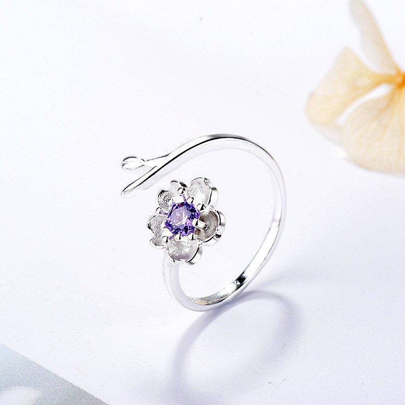Nhẫn hoa anh đào dạng hở đính đá màu