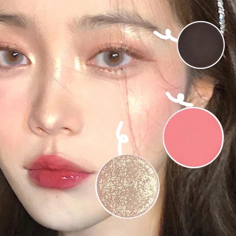Bảng Phấn Má Hồng Ba Màu Kèm Gương Soi Chống Nước Màu Đào