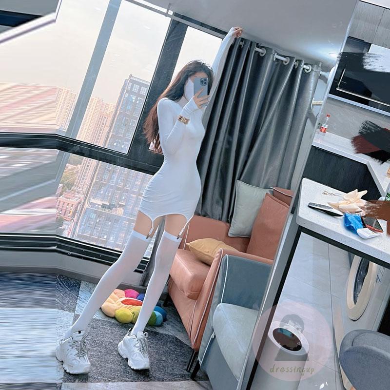 Set Đầm Ôm Cổ Lọ Tay Dài Màu Trơn Kèm Nịt Bít Tất Thời Trang Cho Nữ