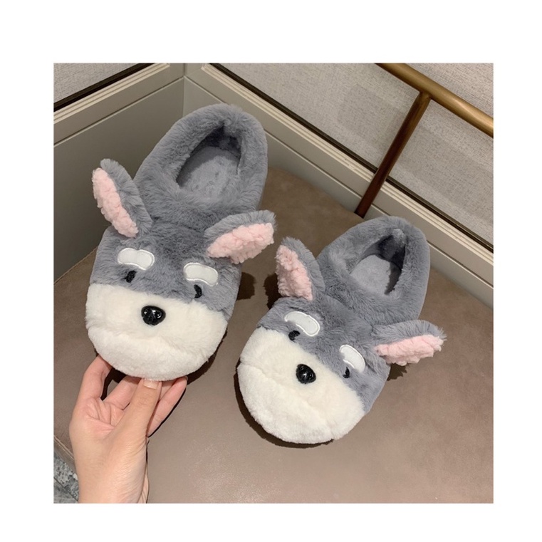Dép bông gấu xám có tai cute đế xốp lông mịn chống trơn đi được cả ngoài đường