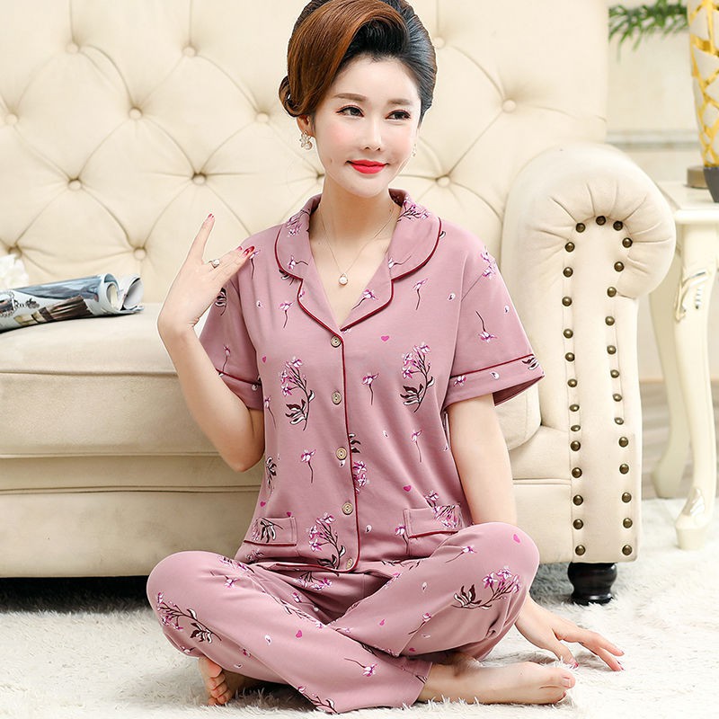 Đồ ngủ & Đồ mặc nhà✙Đồ ngủ bà mẹ trung niên cotton quần ngắn tay mùa hè cho người và già mặc ở nhà bộ hai mảnh