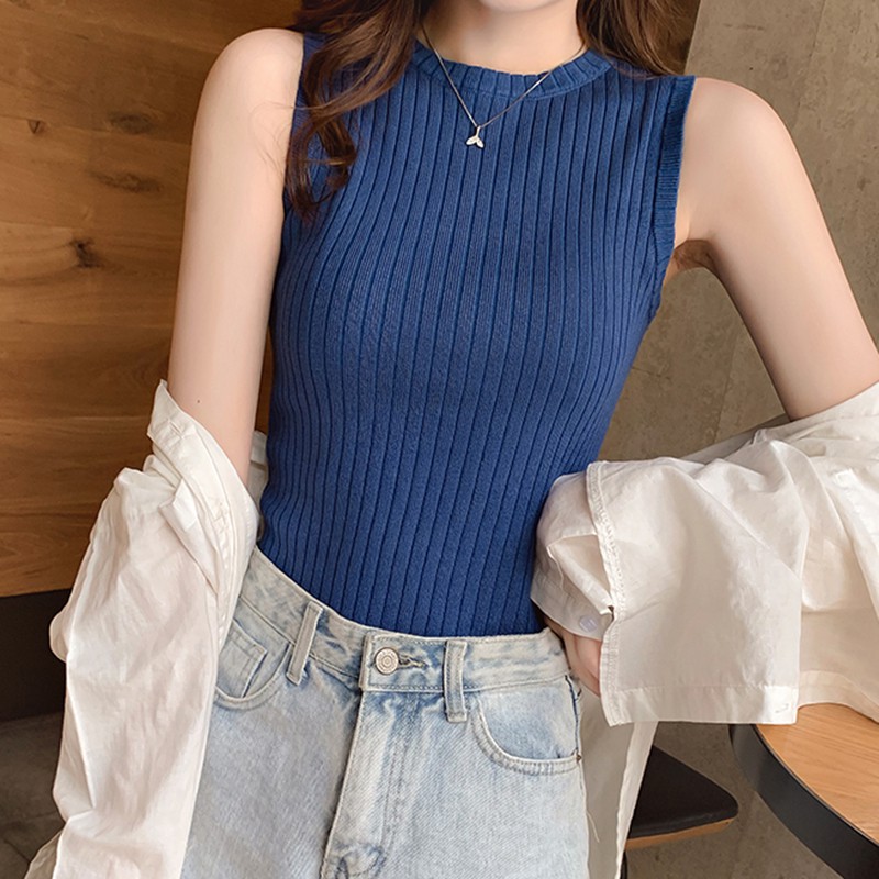 Áo sát nách dệt kim cổ tròn nhiều màu trơn tùy chọn trẻ trung