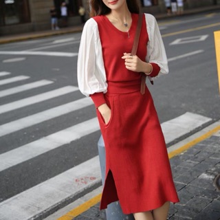 Đầm đỏ phối tay voan trắng