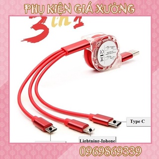 Cáp sạc 3 đầu dây rút 3in1 microusb, type c, lightning lõi đồng siêu bền 100cm