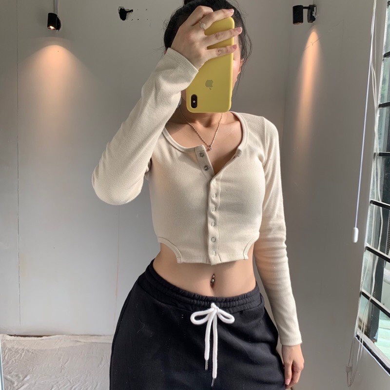 Áo croptop tay dài nút bấm khoét eo, áo crt ôm body khoe eo co giãn tốt