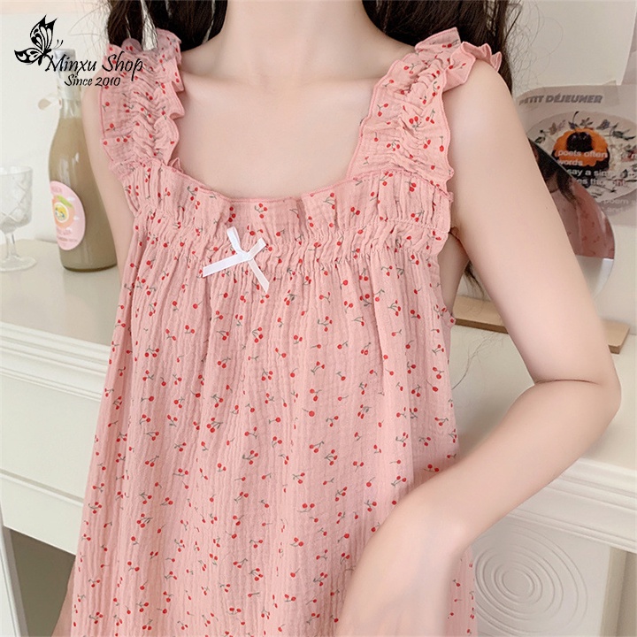 Đầm ngủ mặc nhà hai dây pijama chất vải xốp nhẹ mát, họa tiết xinh xắn Minxu shop V925
