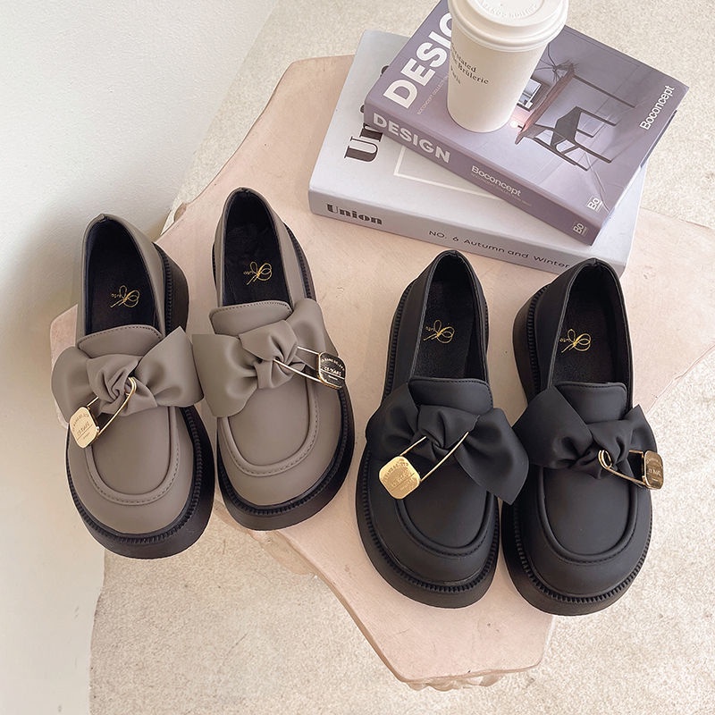 2023 Giày Da Mũi Tròn Thắt Nơ Phong Cách Retro Hàn Quốc Dành Cho Nữ Mary Jane Giày đế bệt