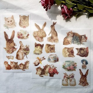 Set 3 sticker vintage hoa lá, mèo và thỏ, thiên thần phong cách retro trang trí phong bì, sổ tay