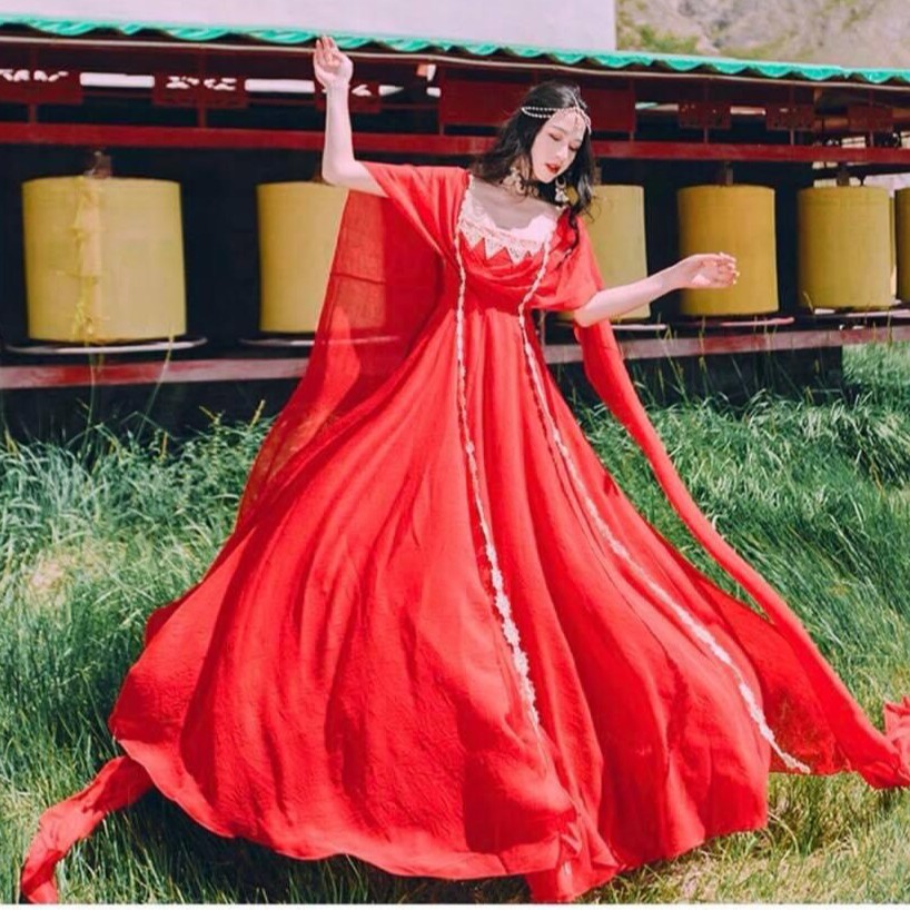 [Mã WAMT1505 giảm 10K đơn 0K] [VÁY-MAXI] Đầm maxi đi biển đỏ phối ren trắng có ảnh shop chụp