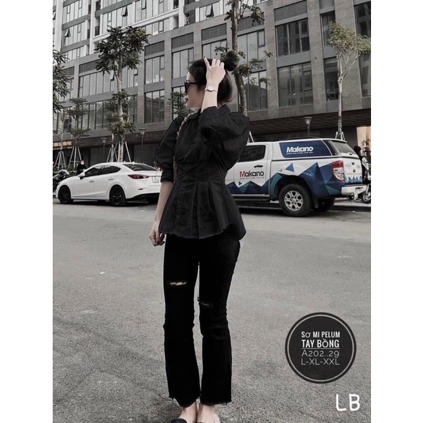 Áo sơ mi nhấn eo tay phồng nhẹ bigsize 55kg-90kg☘️☘️