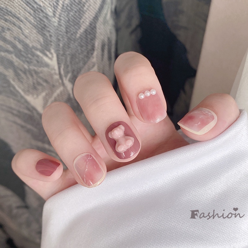[Hàng mới về] Set 24 Móng Tay Giả Họa Tiết Gấu Hoạt Hình Dễ Thương Thời Trang