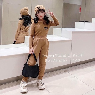 Bộ len tăm nhung tai gấu kèm mũ bé gái 18-38kg