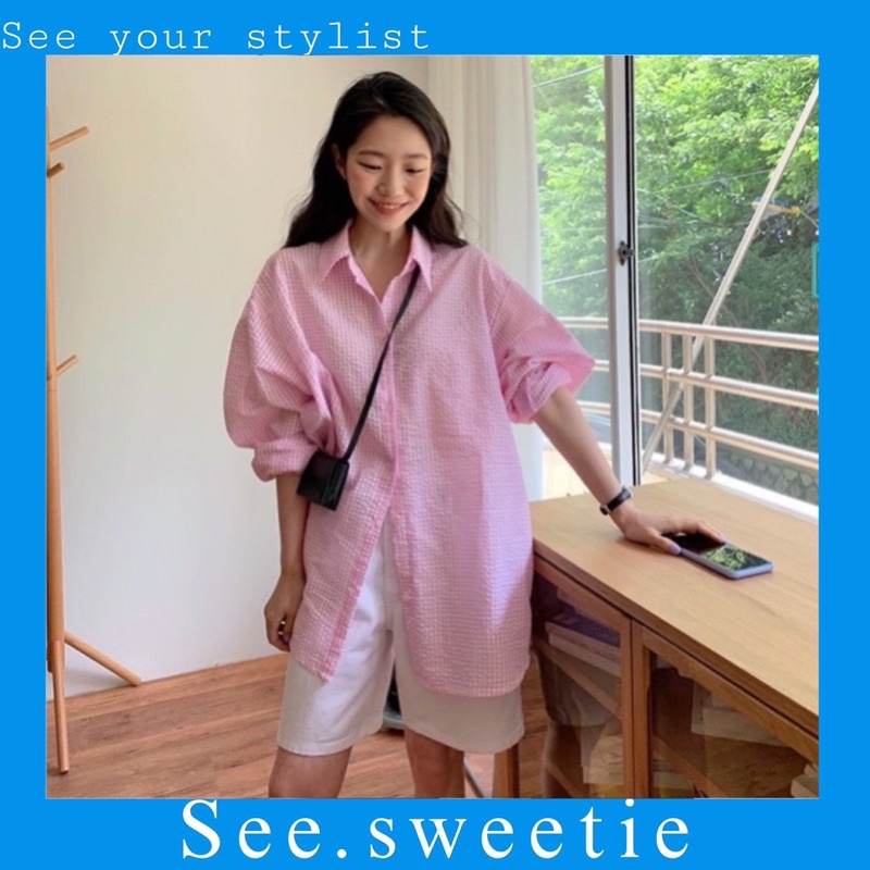 Áo sơ mi nữ kẻ đuôi tôm vải xốp ,áo sơ mi dài tay dáng thụng - SS44