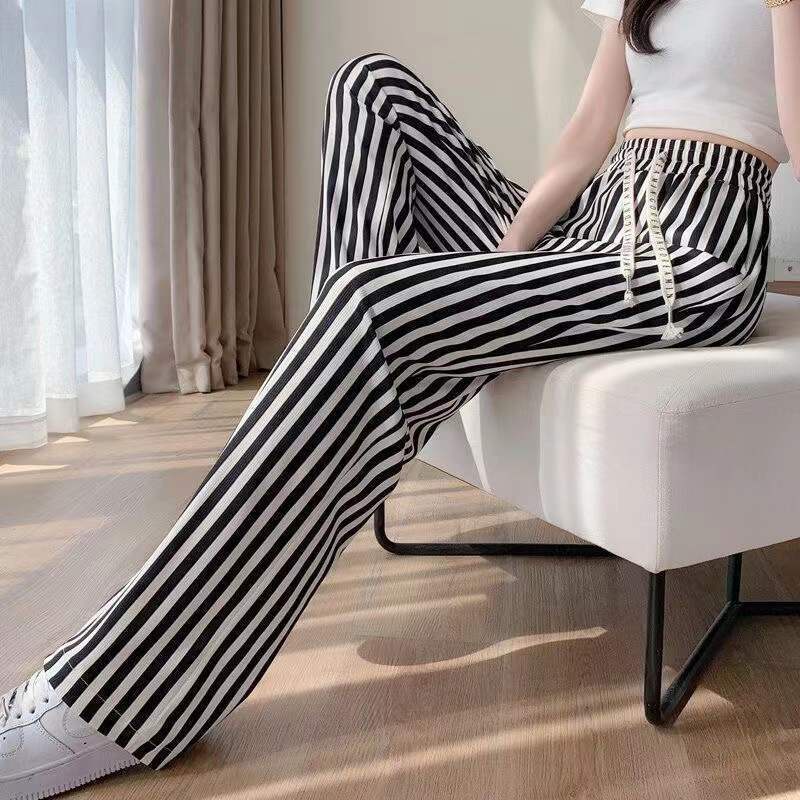 Jiashucheng Quần Thể Thao Ống Rộng Lưng Thun Họa Tiết Kẻ Sọc Trắng Đen Thời Trang Mùa Hè Cho Nữ
