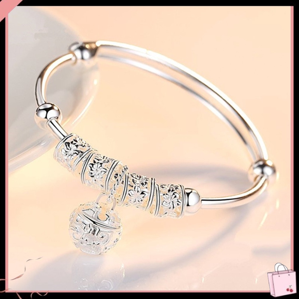Vòng Đeo Tay Bạc May Mắn Khắc Họa Tiết Chuông May Mắn Có Thể Điều Chỉnh Kích Thước