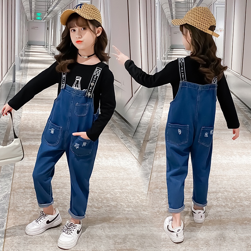Set Áo Thun Cổ Tròn Và Quần Yếm Denim Dành Cho Bé Gái 4 5 6 7 8 9 10 11 12 13 14 Tuổi
