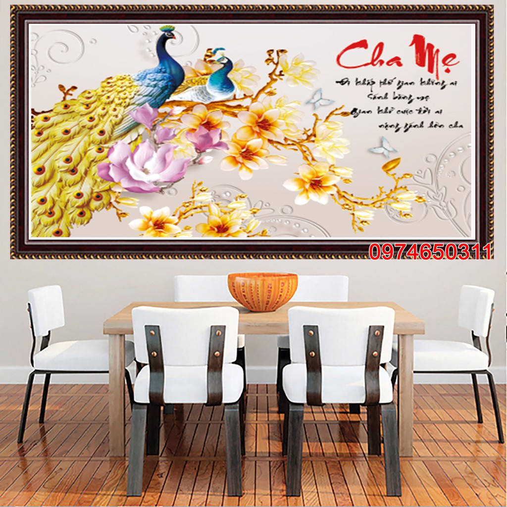 Tranh đính đá cha mẹ chim công LV171 - KT:55x83cm