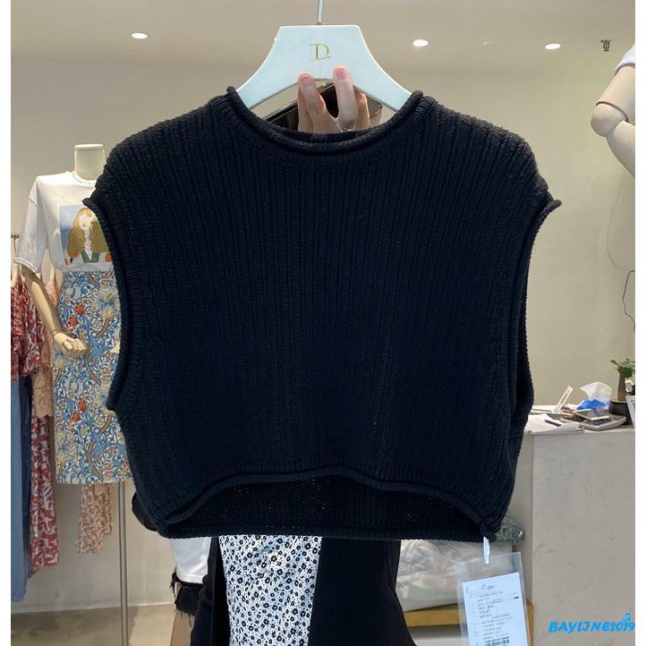 Áo lửng sweater dệt kim không tay dáng rộng giản dị màu trơn cho nữ