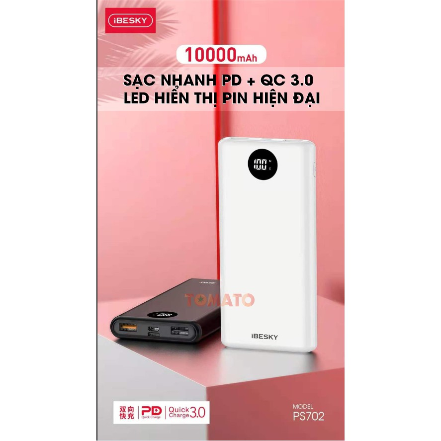 Sạc dự phòng iBesky PS702 10000mAh Sạc Nhanh QC 3.0 18W - Bảo Hành 12T - Phụ Kiện Tomato