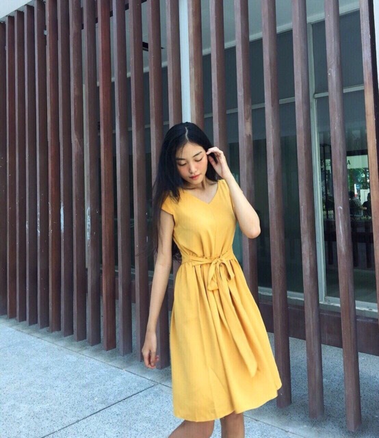 Đầm cột eo vàng/ hồng Bemo dáng xòe xb