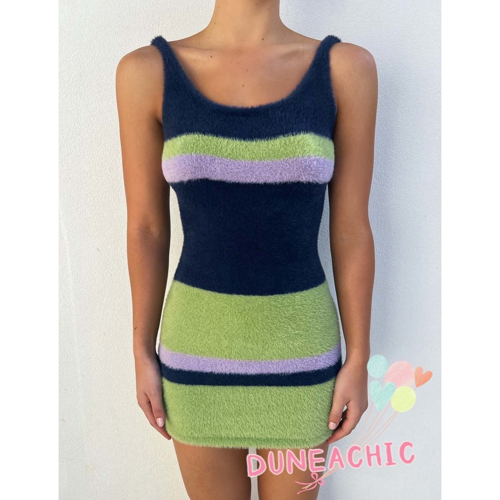 DUNEA Đầm Dệt Kim Trễ Vai Màu Sắc Tương Phản Thời Trang Quyến Rũ Cho Nữ