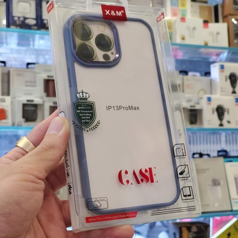 Ốp lưng trong kính X&amp;M viền màu cho iPhone 13, 13 Pro, 13 Pro Max, 12 Pro Mã vành camera nhôm siêu đẹp màu kẹo ngọt