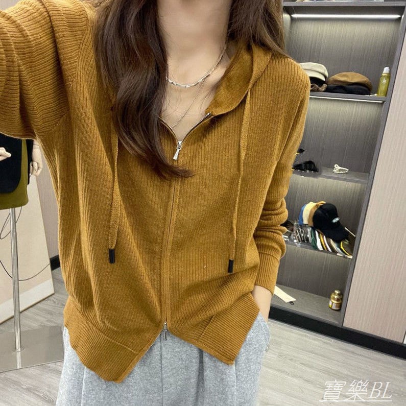 【💕Giống như ngày nghỉ💕Áo khoác Cardigan dệt kim có nón khóa kéo đôi thời trang mùa thu Hàn Quốc 2021