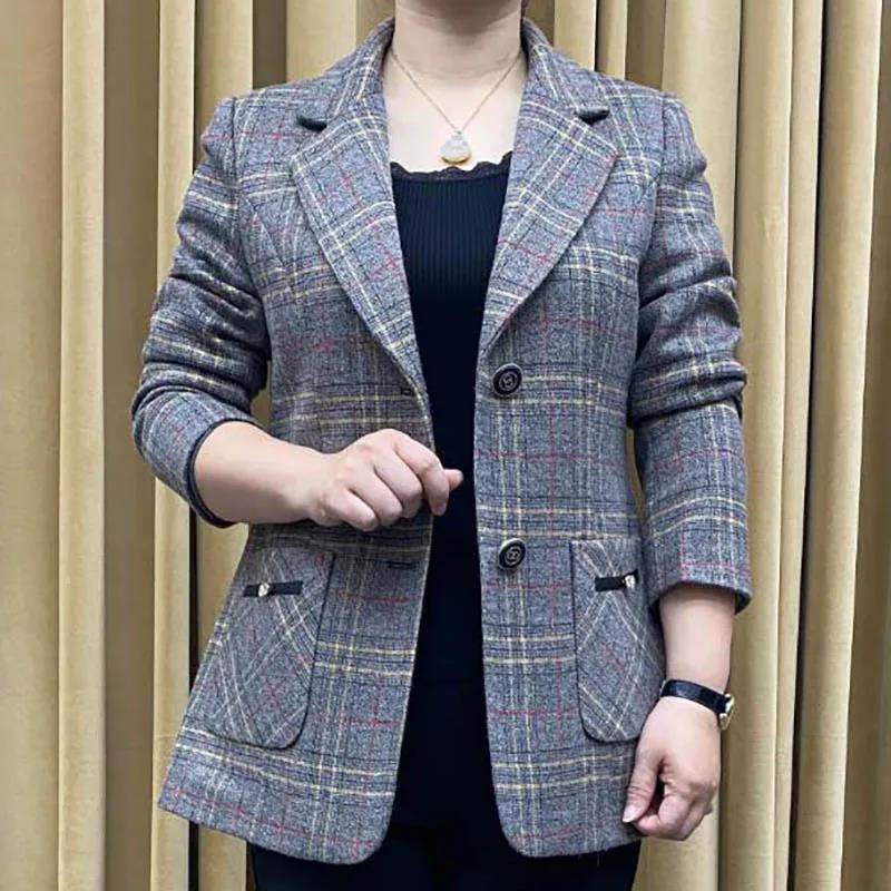 Áo khoác vest vải len sọc ca rô thời trang cao cấp dành cho nữ trung niên 40-50 tuổi