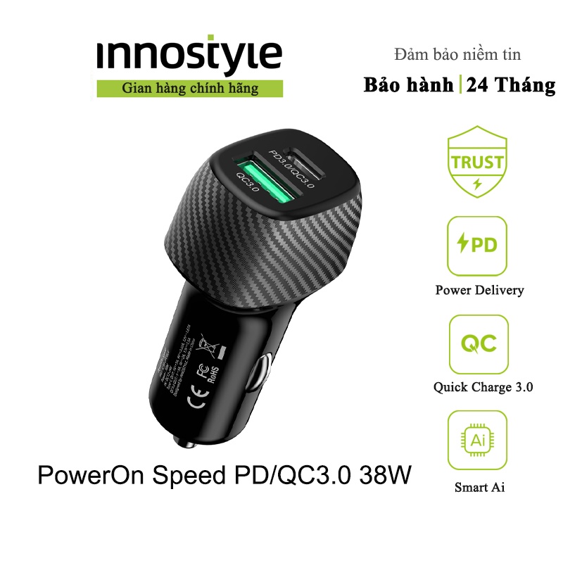 Sạc nhanh xe hơi Innostyle Poweron Speed 2 Cổng PD/QC3.0 38W (IC38-2PDBLK) - Phân Phối Chính Hãng