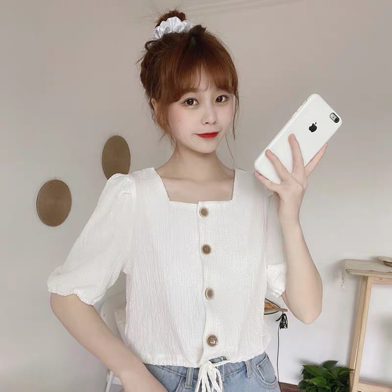 Áo croptop cổ vuông LaNa có dây buộc eo, Áo kiểu tay ngắn kiểu sơ mi Phong cách ulzzang Hàn Quốc C51