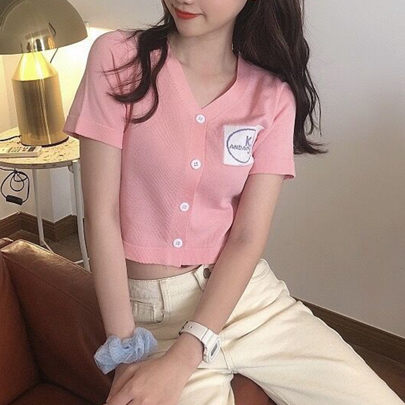 Áo Cardigan Dệt Kim Tay Ngắn Cổ Chữ V Thêu Chữ Màu Sắc Thời Trang Mùa Hè Cho Nữ