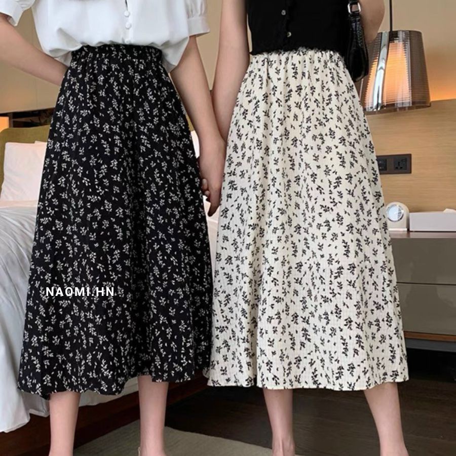 Chân váy hoa nhí dáng dài phong cách vintage chân váy dáng dài hoa nhí siêu đẹp hot trend màu đen trắng HOTHIT.