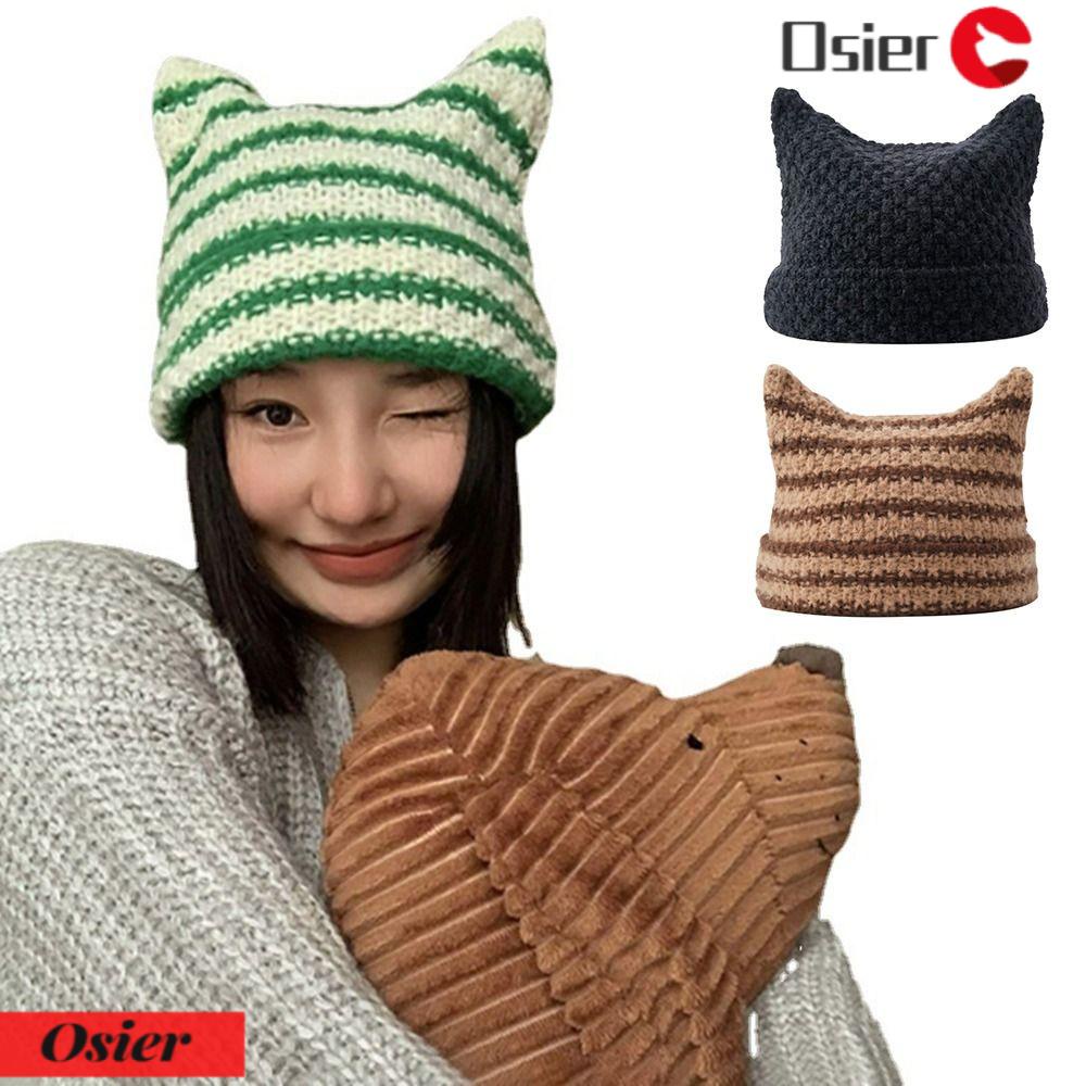 Mũ Beanie Trùm Đầu Họa Tiết Kẻ Sọc Đính Tai Mèo Dễ Thương Kiểu Nhật Bản 1 Cái Cho Nữ