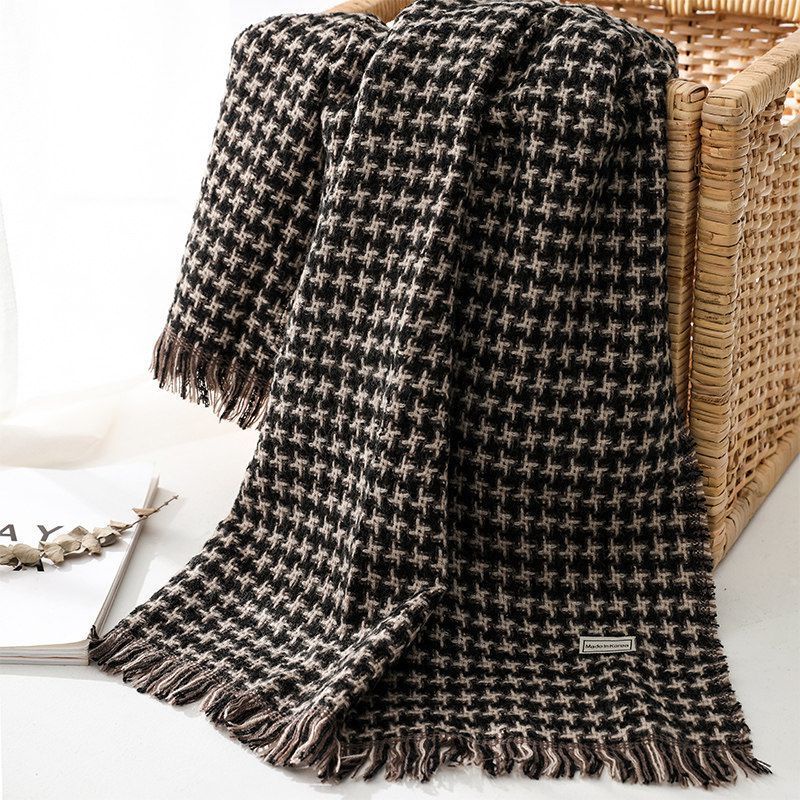 Khăn choàng len cashmere dày dặn giữ ấm họa tiết sọc caro phong cách Hàn quốc