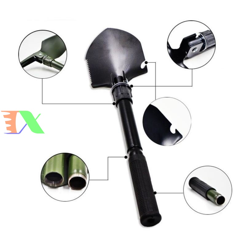 Bộ Cuốc Xẻng Quân Dụng Mini 5 In 1 Đa Năng Đi Phượt Làm Vườn Gấp Gọn Kèm Túi Đựng