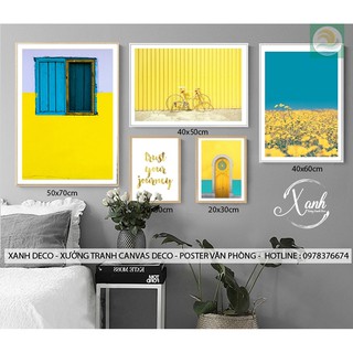 Bộ tranh canvas treo tường hoa vàng nền xanh tặng đinh treo tranh
