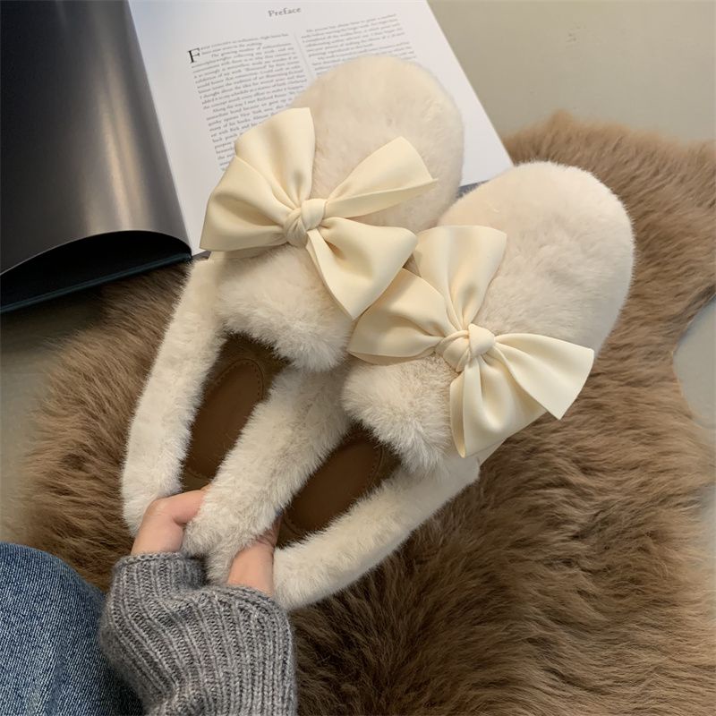 Giày Búp Bê Lông Xù Đính Nơ Dễ Thương Dành Cho Nữ