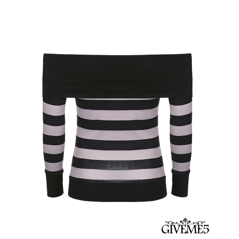 Áo nữ trễ vai tay dài kẻ sọc màu đen size S/M/L