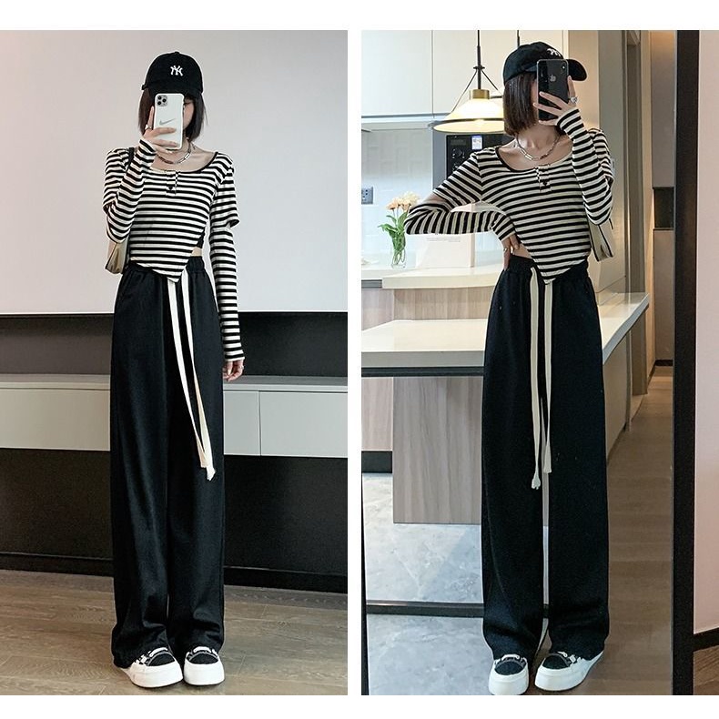 Quần Dài Thể Thao Lưng Cao Ống Rộng Màu Đen Phối Dây Rút Thời Trang Năng Động Cho Nữ