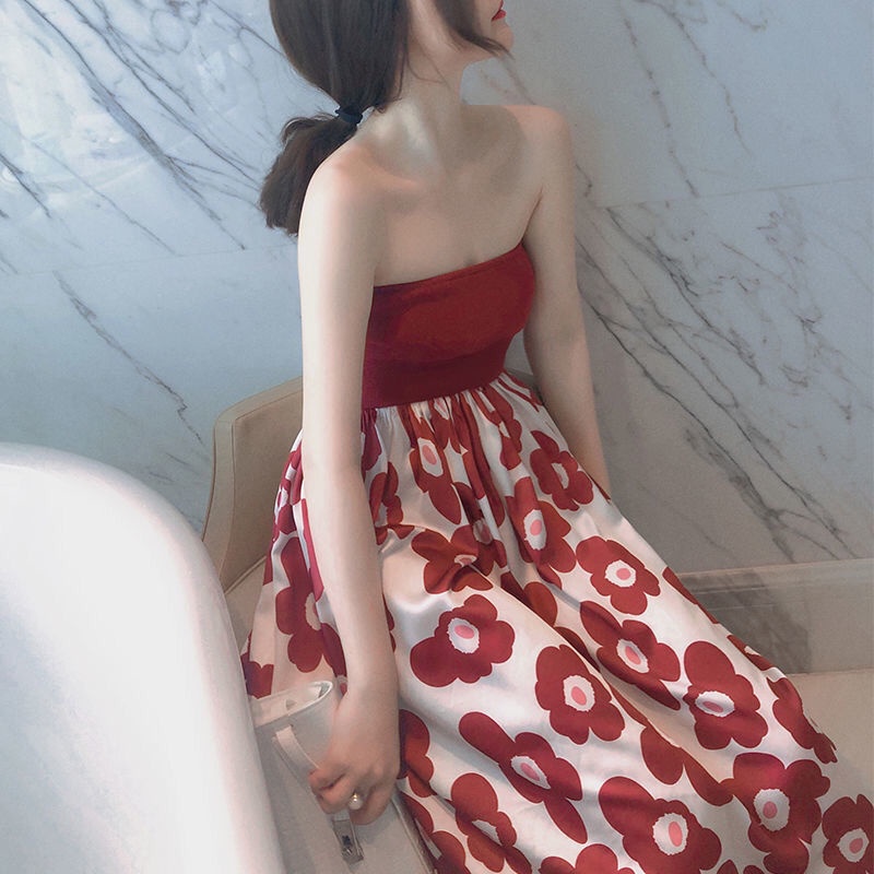 Jiashucheng Đầm Ống Phồng Lưng Cao Hở Xương Quai Xanh Gợi Cảm Thanh Lịch Dễ Phối Đồ Mùa Hè