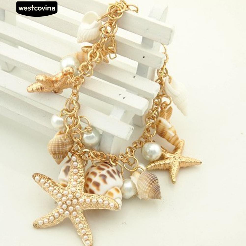Vòng đeo tay kim loại mạ vàng trang trí vỏ ốc sao biển đính hạt ngọc trai nhân tạo phong cách đại dương độc đáo cá tính