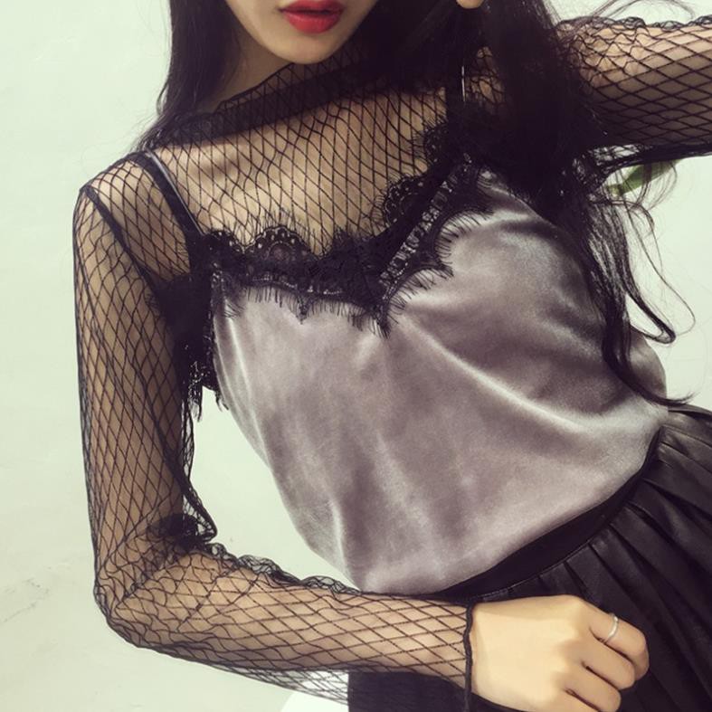 Women Mesh T-shirts Long Sleeve Tops Hot Sexy High Neck Black Lace Bottoming Shirts Punk Chic T Shirt Women  ྇