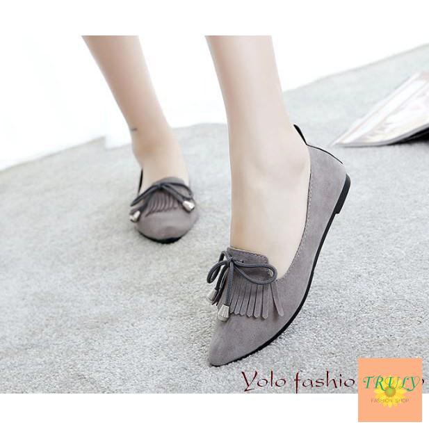 [OD17] Giày lười slip on nữ đế bằng da lộn đính nơ xinh xắn hàng QC cao cấp  TL