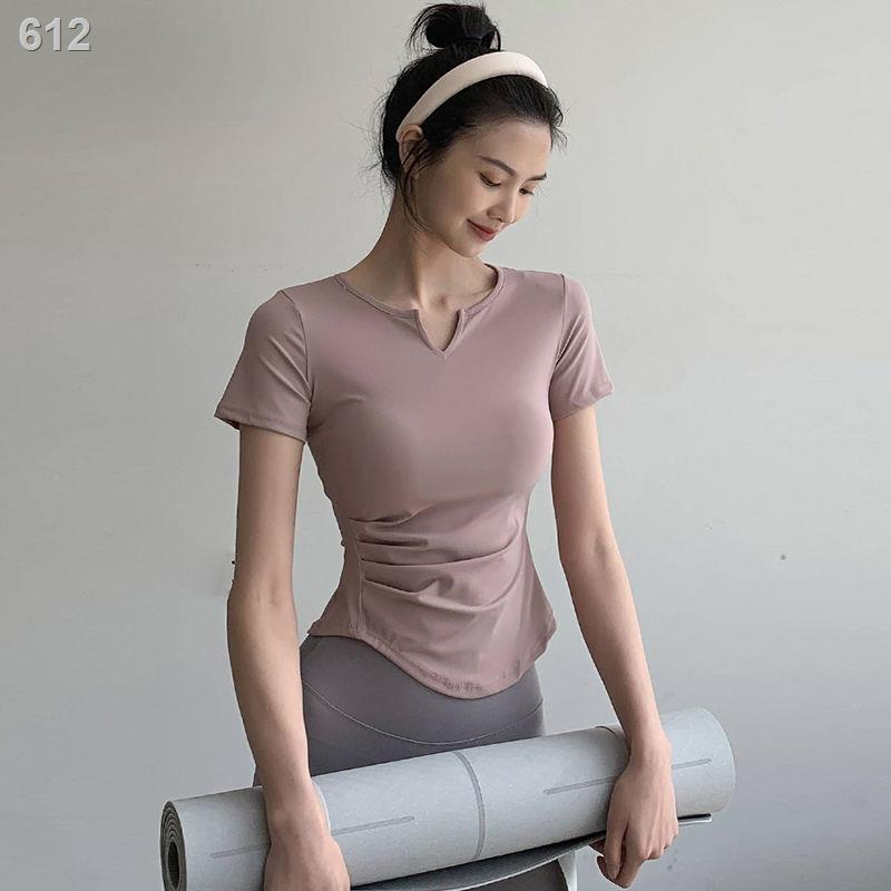 Gatherer đàn hồi thể thao ngắn tay phụ nữ áo thun ôm sát cổ chữ v chạy tập luyện dục hàng đầu mỏng phần quần y