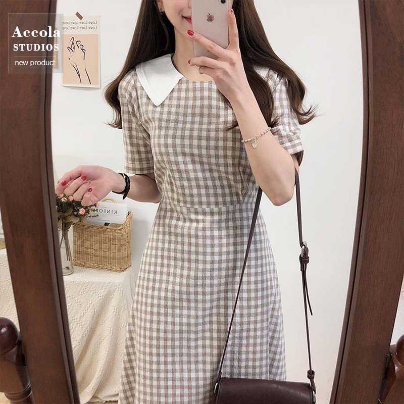 (ORDER) Váy MORAN kẻ sọc cổ tròn bẻ cánh sen xòe dài thắt eo điệu đà vintage Hàn Quốc