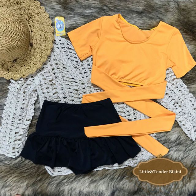 Bikini tay dài cột nơ váy quần cạp cao